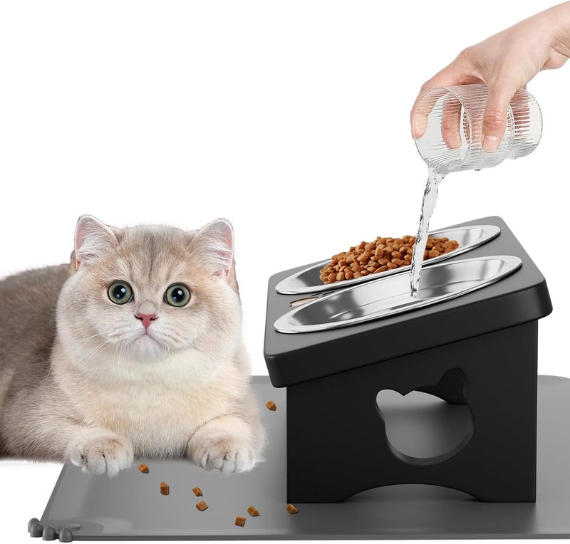 INNVVIS Elevated Cat Bowls with Silicone Mat, 15° Tilted Solid Wood Stand, Raised Stainless Steel Food & Water Dishes for Cats and Small Dogs, Anti-Vomiting Design(Natural) - Image 1